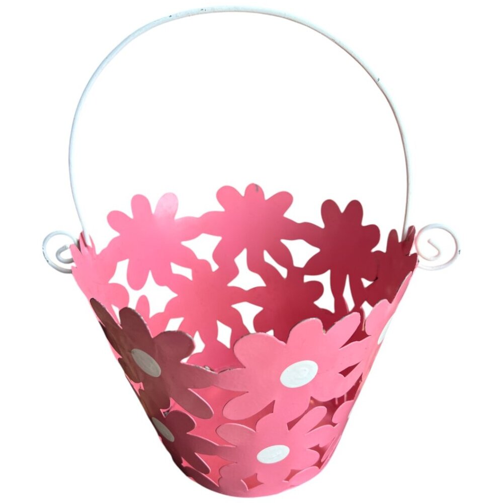 RARE: Vtg Metal Cut-out Daisy Pink Basket White Handle Phillipines Spring Easter